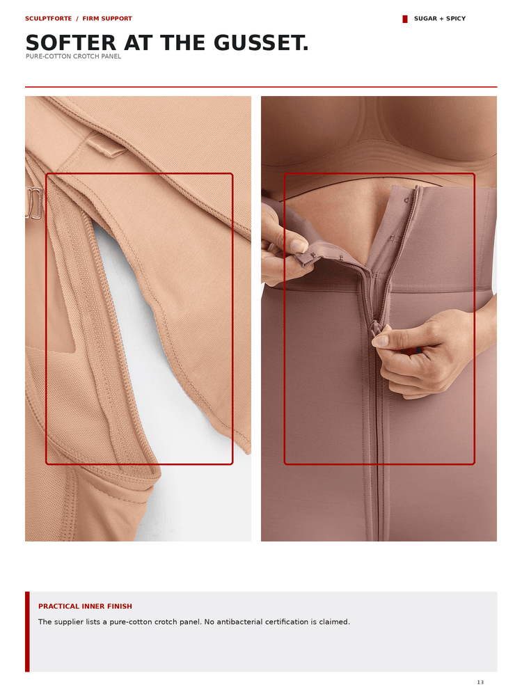 A product detail page showing a nude-colored seamless bra with a zipper, featuring close-up views of the underwire and a hand unzipping the front. The page includes text highlighting the softer Gusset and practical inner finish.