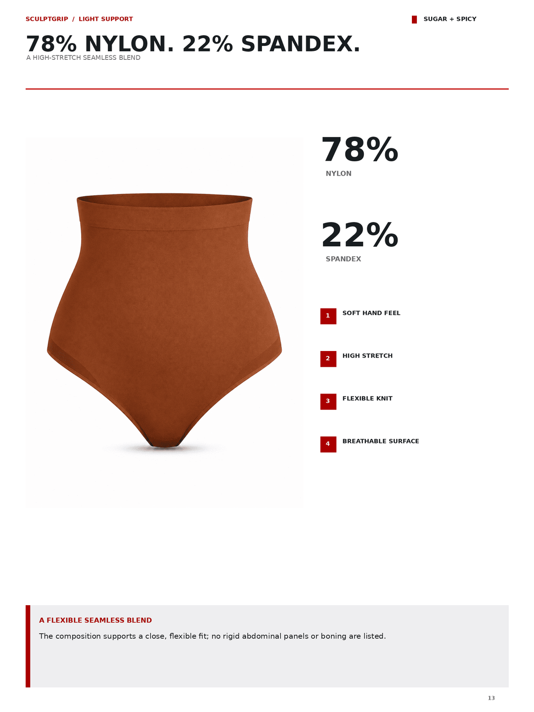 A high-waisted seamless brief in a warm rust-brown color, shown on a white background with technical fabric composition and performance text. The product is labeled as 78% nylon and 22% spandex, with flavor notes of sugar and spice.