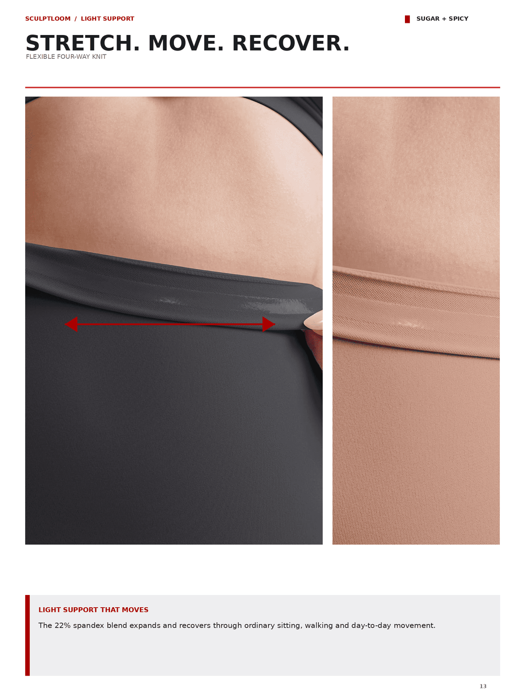 A product brochure page for a flexible four-way knit support bra, showing two close-up panels of a model&
