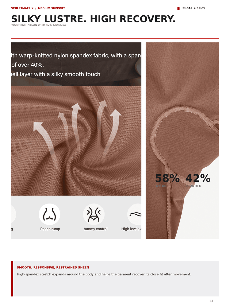A product information page for a bodysuit or top in a warm taupe-brown color, showing fabric close-ups, stretch arrows, and text describing high recovery and smooth, restrained sheen.