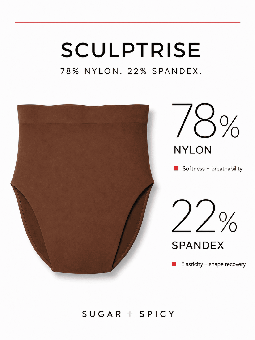 Brown high-waisted briefs or underwear shown on a white background with text detailing the material composition: 78% nylon and 22% spandex. Brand text &