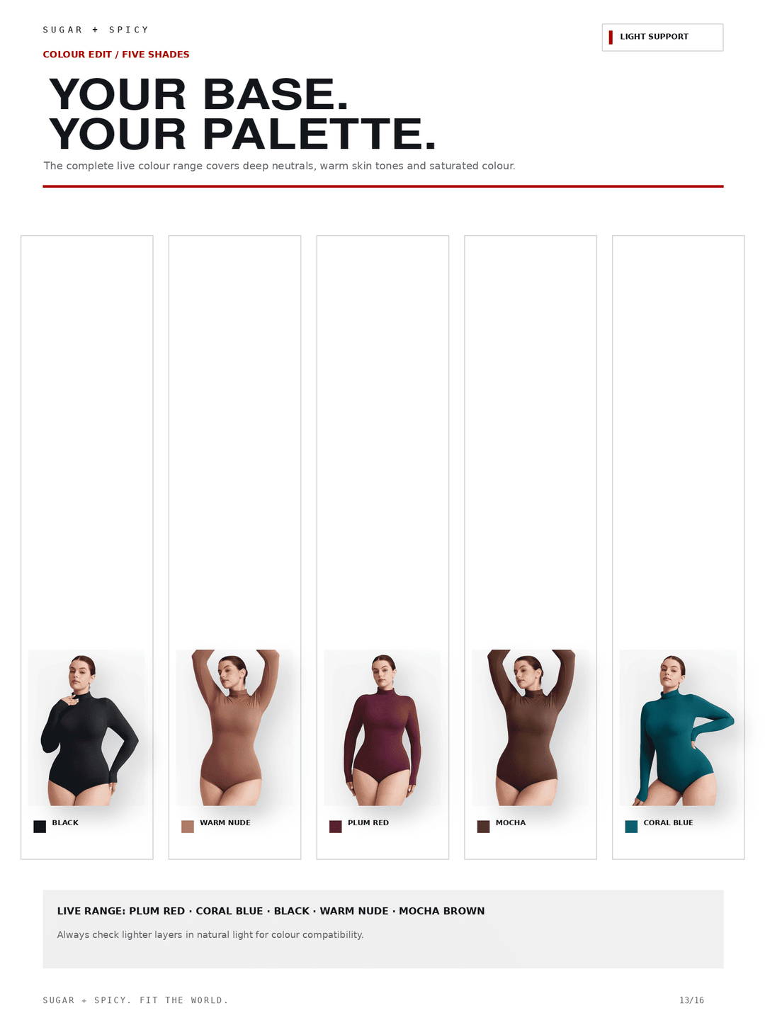 A color guide page from Sugar + Spice showing five nude bodysuit color options labeled Black, Warm Nude, Plum Red, Taupe, and Coral Blue, under the heading &