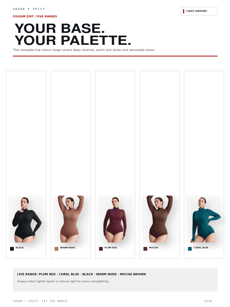 A color guide page from Sugar + Spice showing five nude bodysuit color options labeled Black, Warm Nude, Plum Red, Taupe, and Coral Blue, under the heading 'YOUR BASE. YOUR PALETTE.