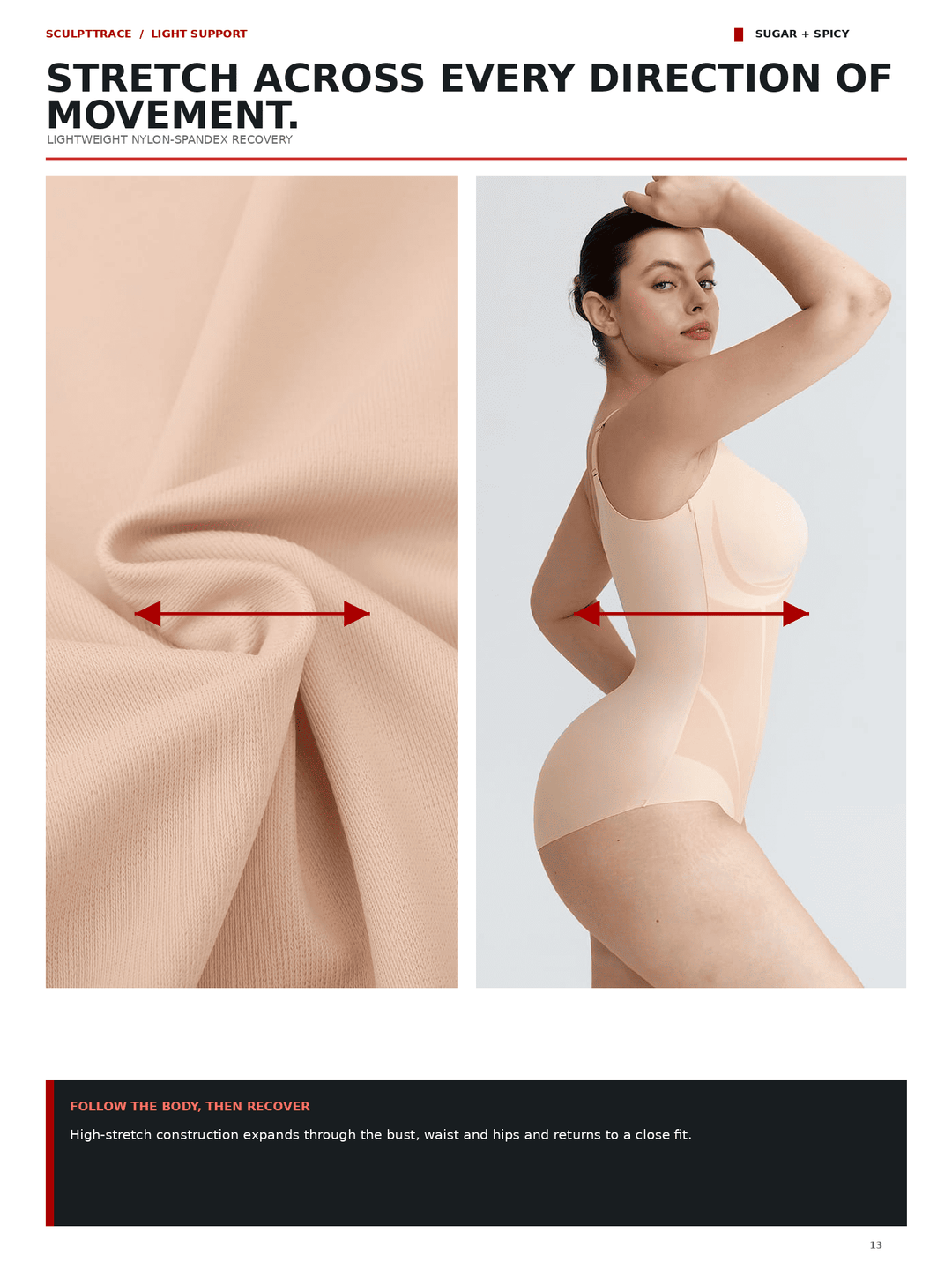 A product information page for Sugar + Spicy Sculpttrace light support shapewear. The page features a model wearing a beige bodysuit shaper, alongside a close-up of the beige fabric showing its texture and stretch properties, with red arrows indicating elasticity.