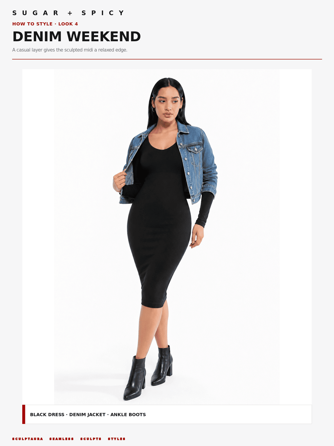A model wearing a black bodycon midi dress, a light-wash denim jacket, and black ankle boots, shown against a plain white studio background with editorial text at the top and bottom.
