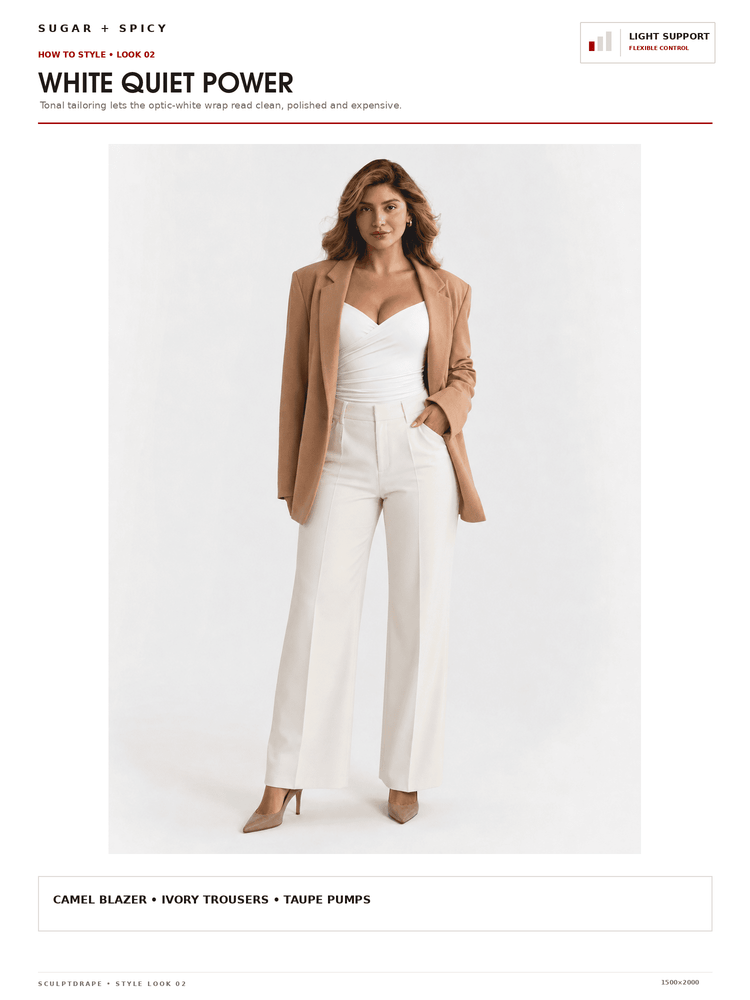 A fashion editorial page from Sugar Spicy showing a model wearing a camel blazer, ivory wrap top, and ivory trousers with taupe pumps, titled 'White Quiet Power'.