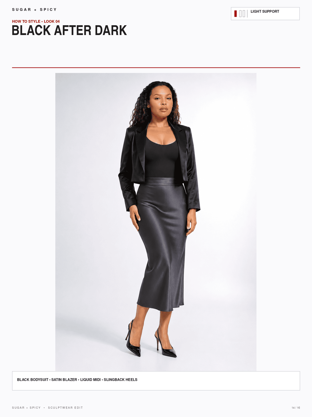 A model is shown wearing a black satin blazer, black bodysuit, and a black satin midi skirt against a light gray studio background. The image is presented as a catalog page with text headers reading &