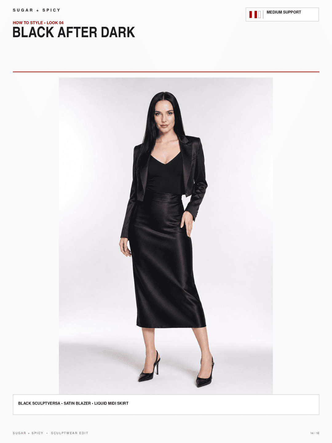 A fashion catalog page showing a model wearing a black satin blazer, black satin vest, and a black satin midi skirt against a light gray studio background. The page header reads &