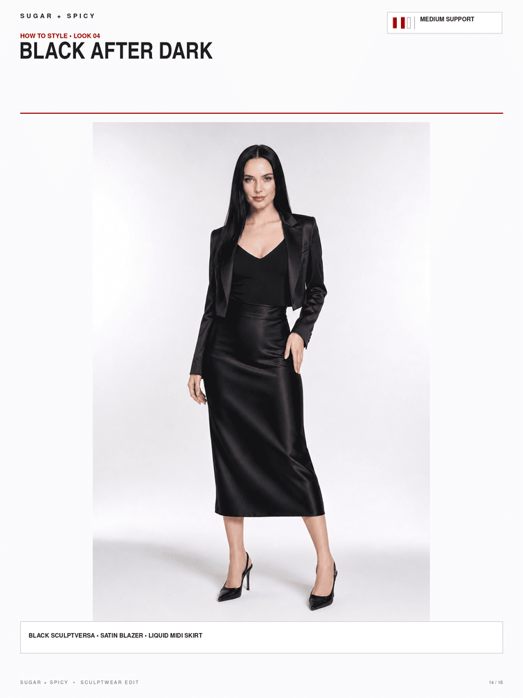 A fashion catalog page showing a model wearing a black satin blazer, black satin vest, and a black satin midi skirt against a light gray studio background. The page header reads 'BLACK AFTER DARK' and includes styling notes for Sugar + Spicy.