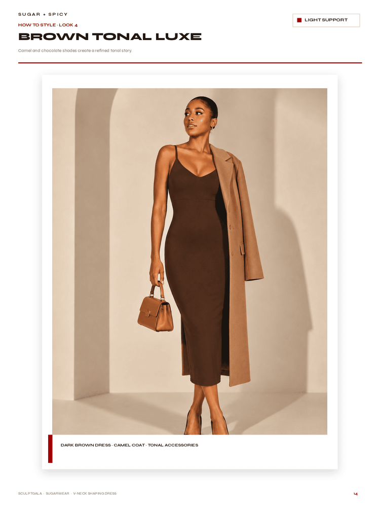 A fashion catalog page showing a model wearing a dark brown spaghetti-strap midi dress, a camel coat, and carrying a matching brown handbag. The page header reads 'BROWN TONAL LUXE' with 'LIGHT SUPPORT' in the top right.