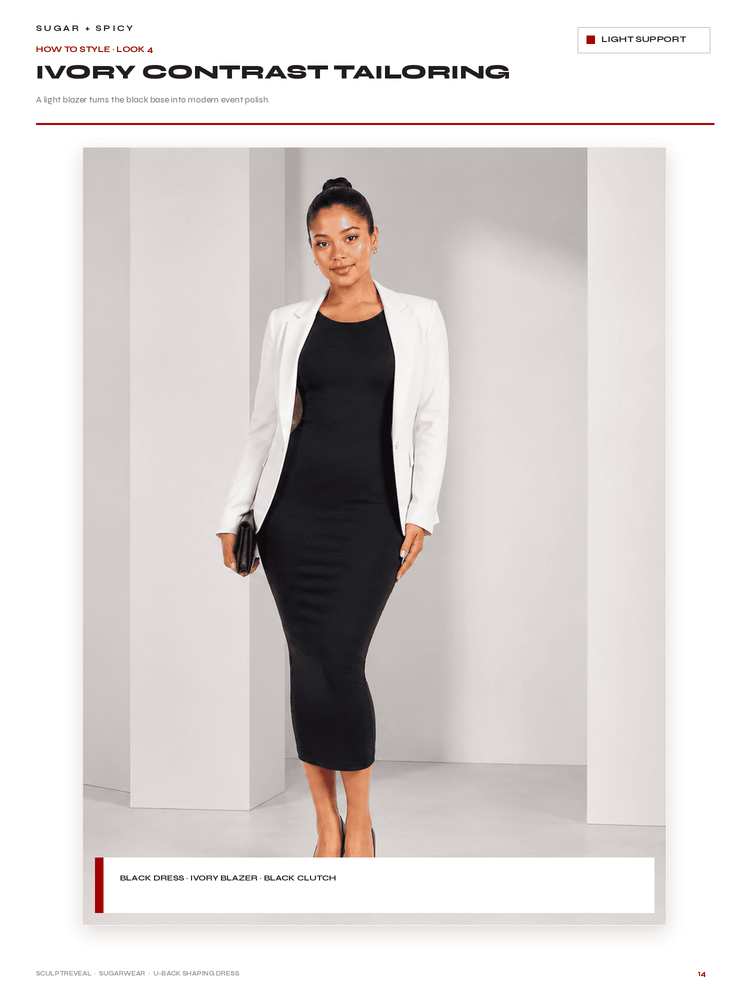 A fashion catalog page showing a model wearing a black bodycon midi dress styled with an ivory blazer and a black clutch. The page has text headers reading 'SUGAR + SPICY', 'HOW TO STYLE LOOK 4', and 'IVORY CONTRAST TAILORING'.