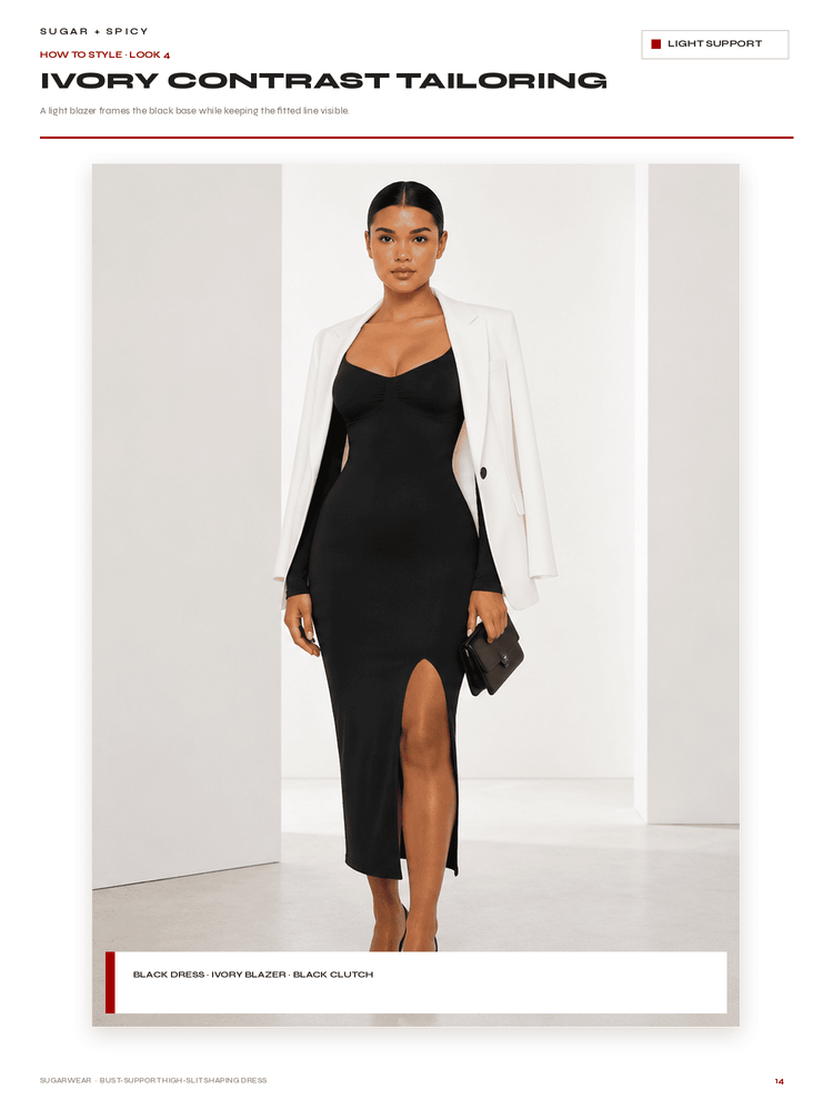 A fashion catalog page showing a model wearing a black midi dress with a thigh-high slit, styled with an ivory blazer and a black clutch. The page header reads 'IVORY CONTRAST TAILORING' and includes product labels for the dress, blazer, and clutch.