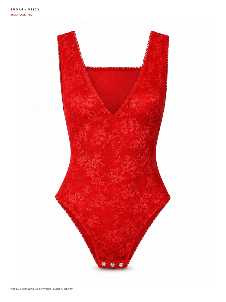 A red lace bodysuit with a deep V-neckline and wide shoulder straps, displayed on a clean white background with text labels.