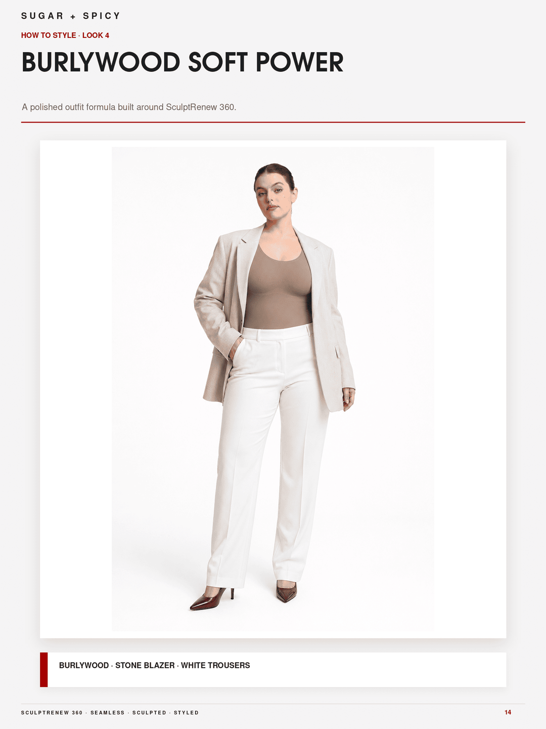 A fashion editorial page showing a model wearing a styled outfit: a light beige blazer, white trousers, and a taupe top against a white studio background, with text reading &