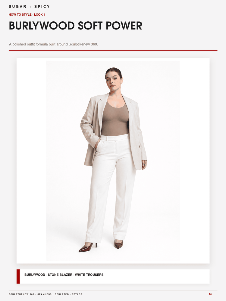 A fashion editorial page showing a model wearing a styled outfit: a light beige blazer, white trousers, and a taupe top against a white studio background, with text reading 'BURLYWOOD SOFT POWER' and 'SUGAR • SPICY'.