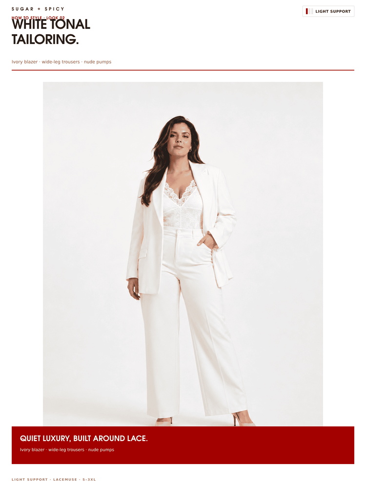 A model wearing a white tailored suit with a lace-trimmed blouse and matching wide-leg trousers, shown on a white studio background with promotional text banners.