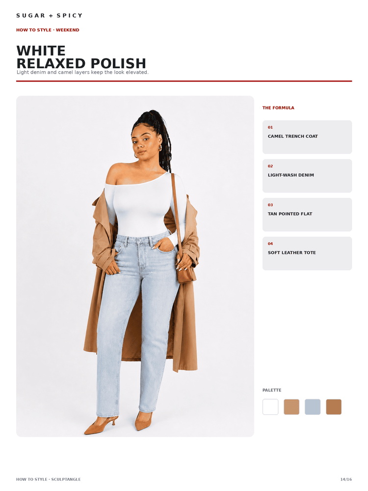 A fashion editorial page showing a model wearing a white off-the-shoulder top, light-wash jeans, a tan trench coat, and tan heels, with text reading 'WHITE RELAXED POLISH' and product color callouts on a white background.
