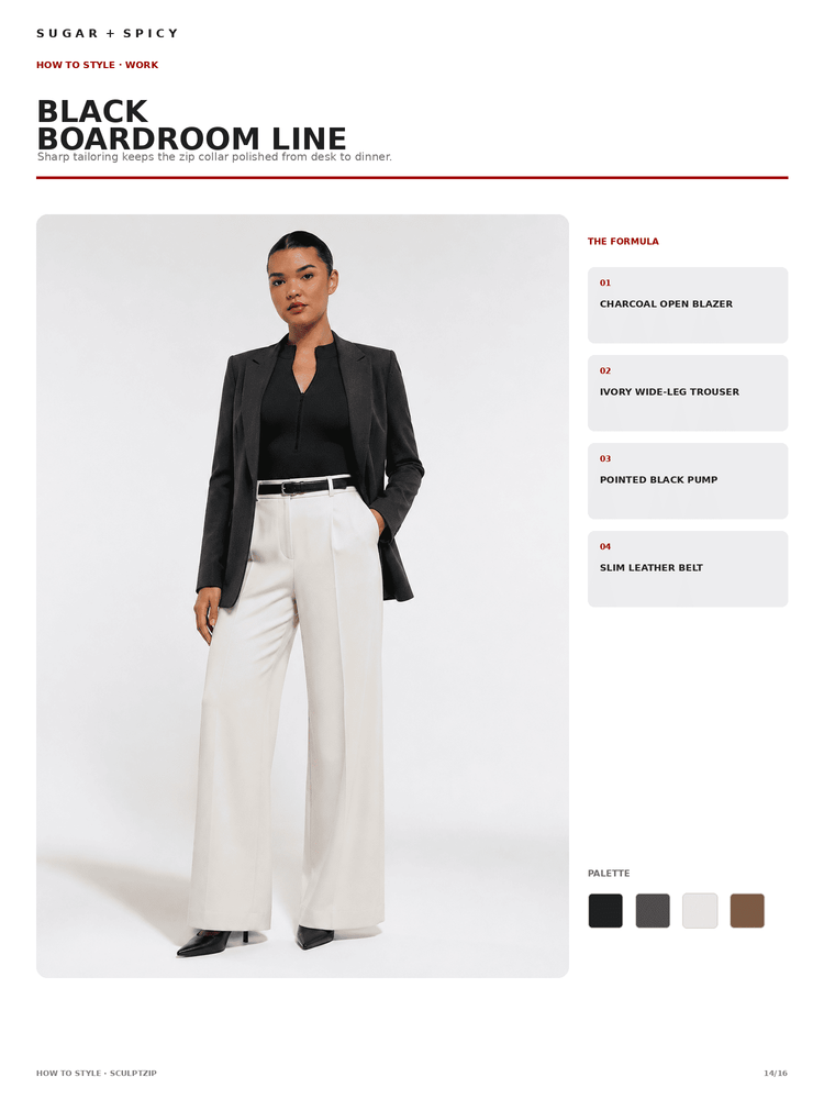 A fashion editorial page showing a model wearing a black open blazer, black top, white wide-leg trousers, and black heels, with text reading 'BLACK BOARDROOM LINE' and styling notes. The page includes a palette swatch section and product callouts on a white background.