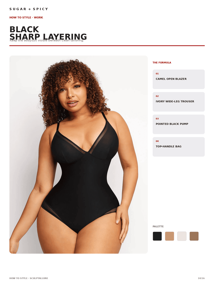 A fashion catalog page showing a plus-size model wearing a black layering bodysuit. The page includes the text 'BLACK SHARP LAYERING', a palette section with black, camel, taupe, and beige shades, and a list of styling pieces under 'THE FORMULA'.