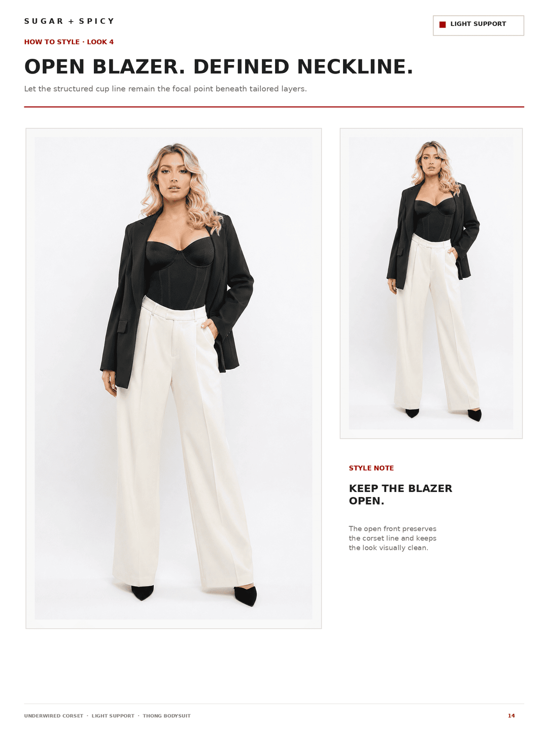 A fashion editorial page showing a model wearing a black open-front blazer over a black top and white wide-leg pants against a white background, with text callouts and a smaller inset view of the same outfit.