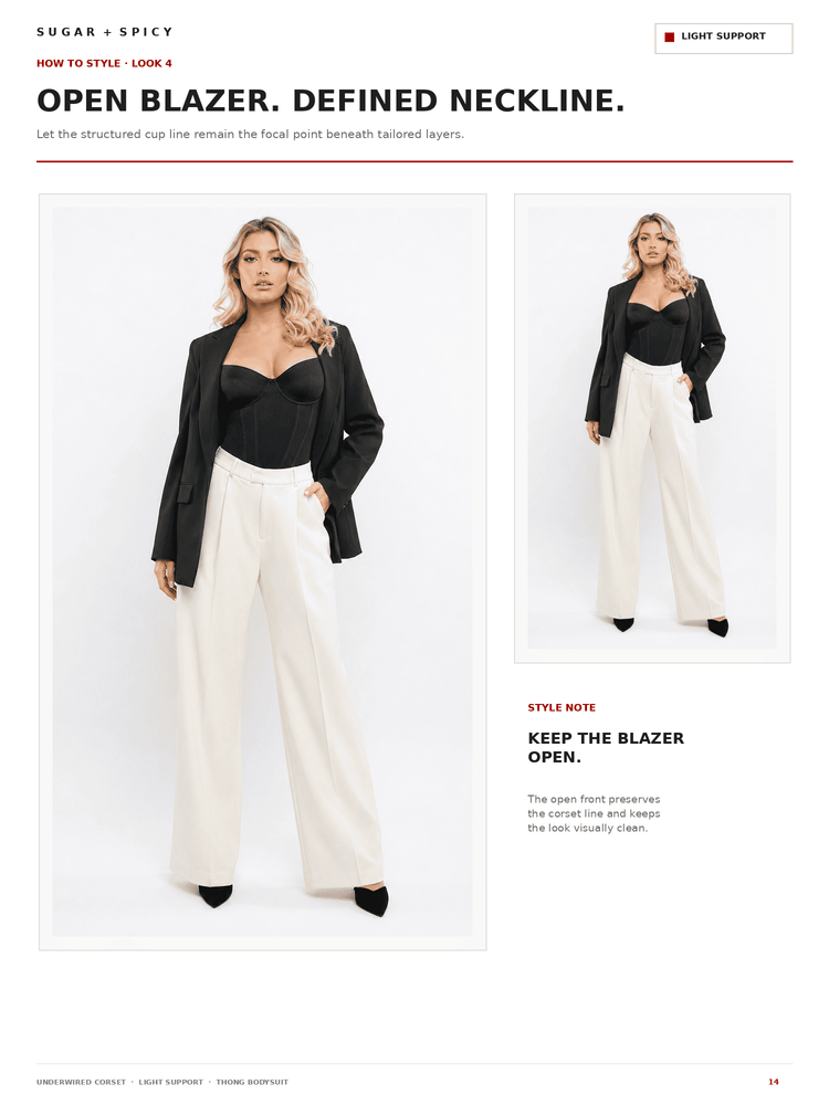 A fashion editorial page showing a model wearing a black open-front blazer over a black top and white wide-leg pants against a white background, with text callouts and a smaller inset view of the same outfit.