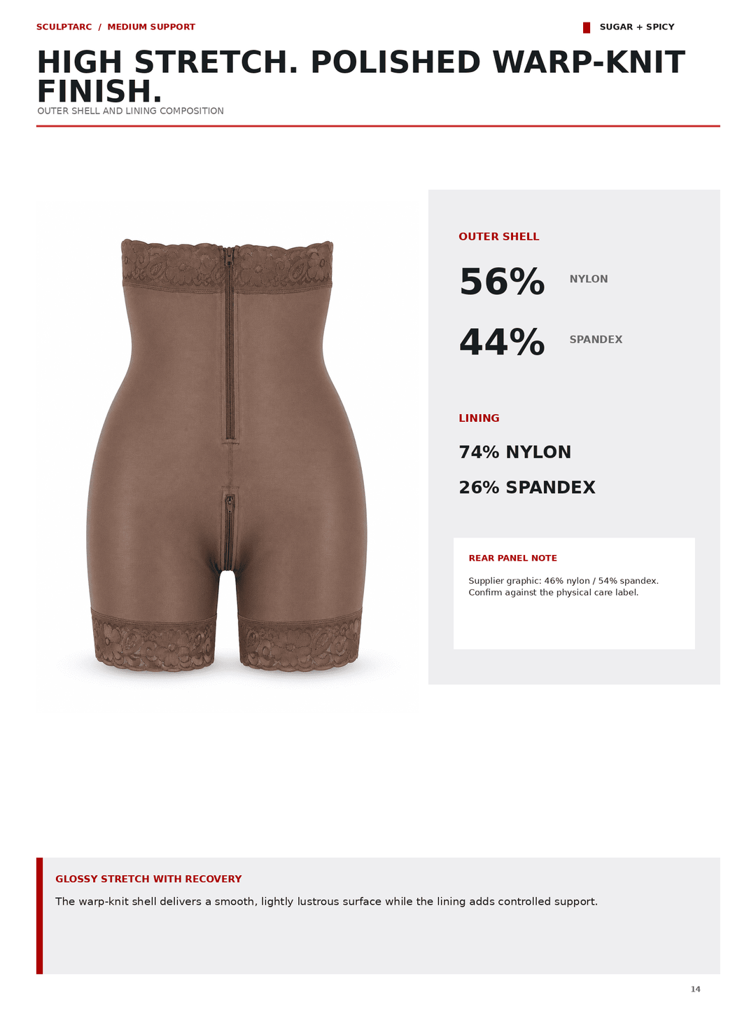 A brown high-waisted support brief with a center front zipper, shown on a white page with technical text and material composition details.