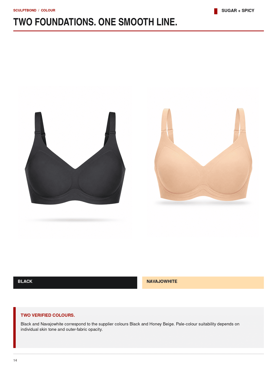 A catalog page showing two wireless underwire bras side by side on a white background, labeled as Scalpfront in the Colour Sugar + Spicy. The left bra is black and labeled &