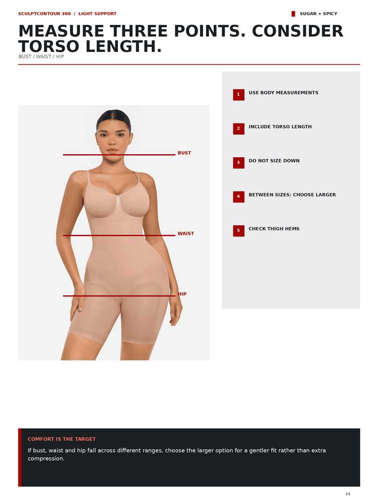 Instructional sizing graphic for a compression garment, showing a model wearing a light beige bodysuit with red measurement lines indicating bust, waist, and hip, alongside numbered tips and text about measuring torso length.
