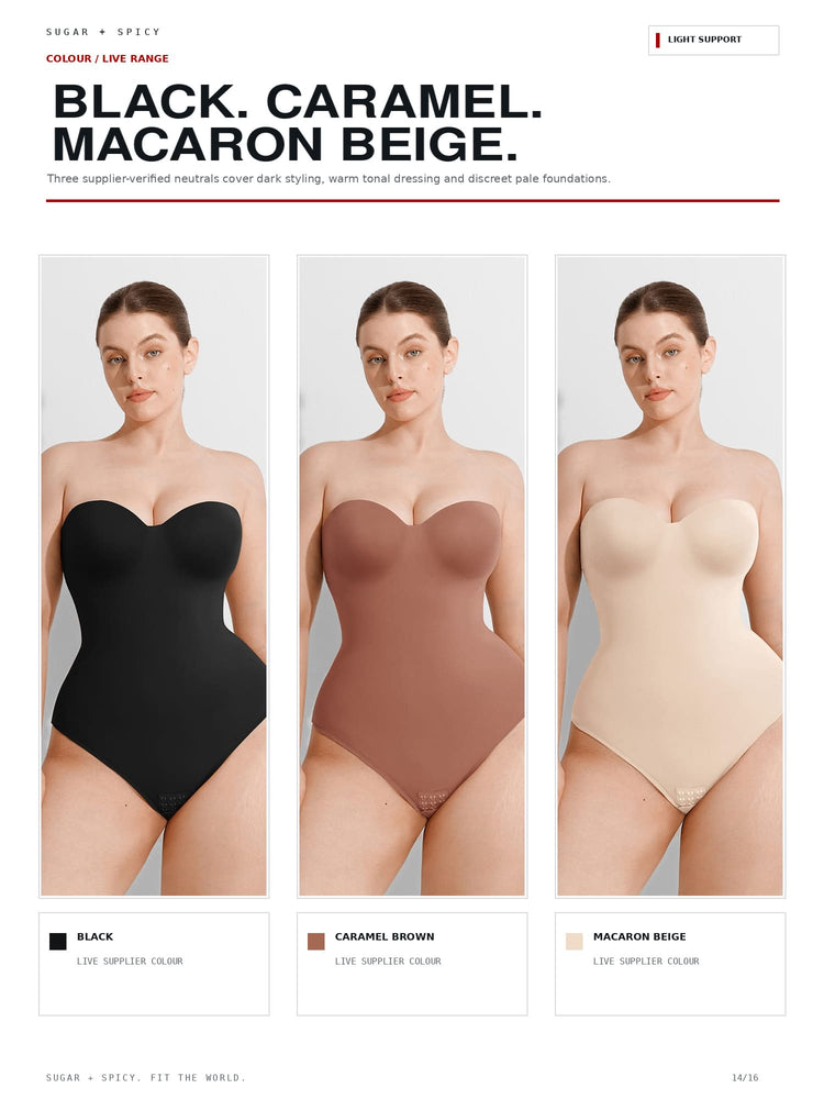 Three models wearing strapless bandeau bodysuits in three colorways: black, caramel brown, and macaron beige. The image is a product color comparison graphic with text labels for each shade.