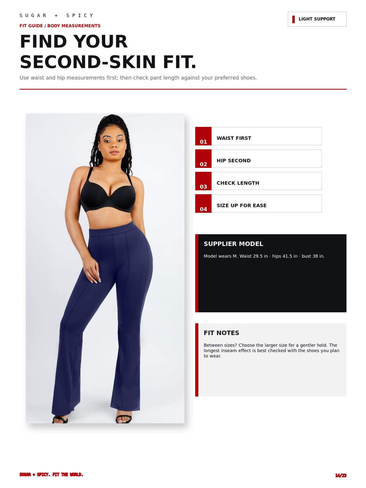 A fit guide page for Sugar + Spicy showing a model wearing navy wide-leg pants and a black bra, with text instructions on how to measure for second-skin fit and a supplier model section.