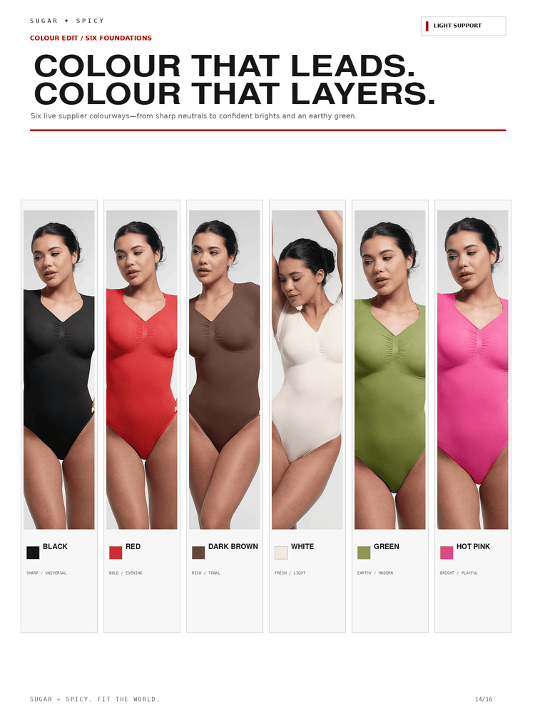 A color options chart for a women's bodysuit from Sugar + Spicy, showing six models wearing different solid colors: black, red, dark brown, white, green, and hot pink. The chart includes the headline 'COLOUR THAT LEADS.