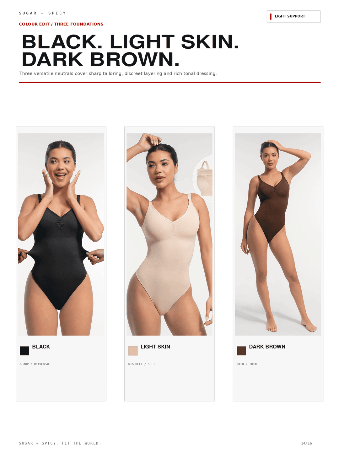 A promotional product graphic for Sugar + Spicy shapewear foundations showing three models wearing different color options: black, light skin beige, and dark brown. The graphic includes text reading &