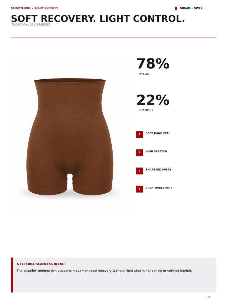 A brown high-waisted compression shorts product photo on a white page with text detailing fabric composition, percentages, and feature callouts.