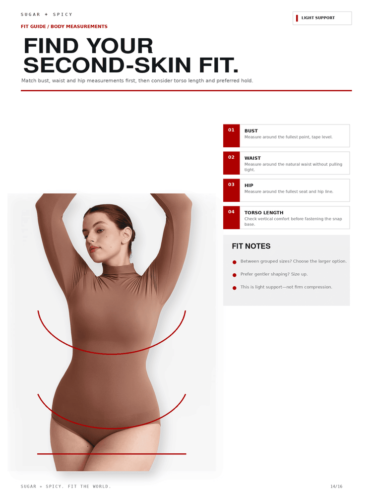 A fit guide and body measurements diagram for a bodysuit, showing a model wearing the garment with red curved measurement lines and text instructions for bust, waist, hip, and torso length. The page includes headings like 'FIND YOUR SECOND-SKIN FIT' and 'FIT GUIDE / BODY MEASUREMENTS'.