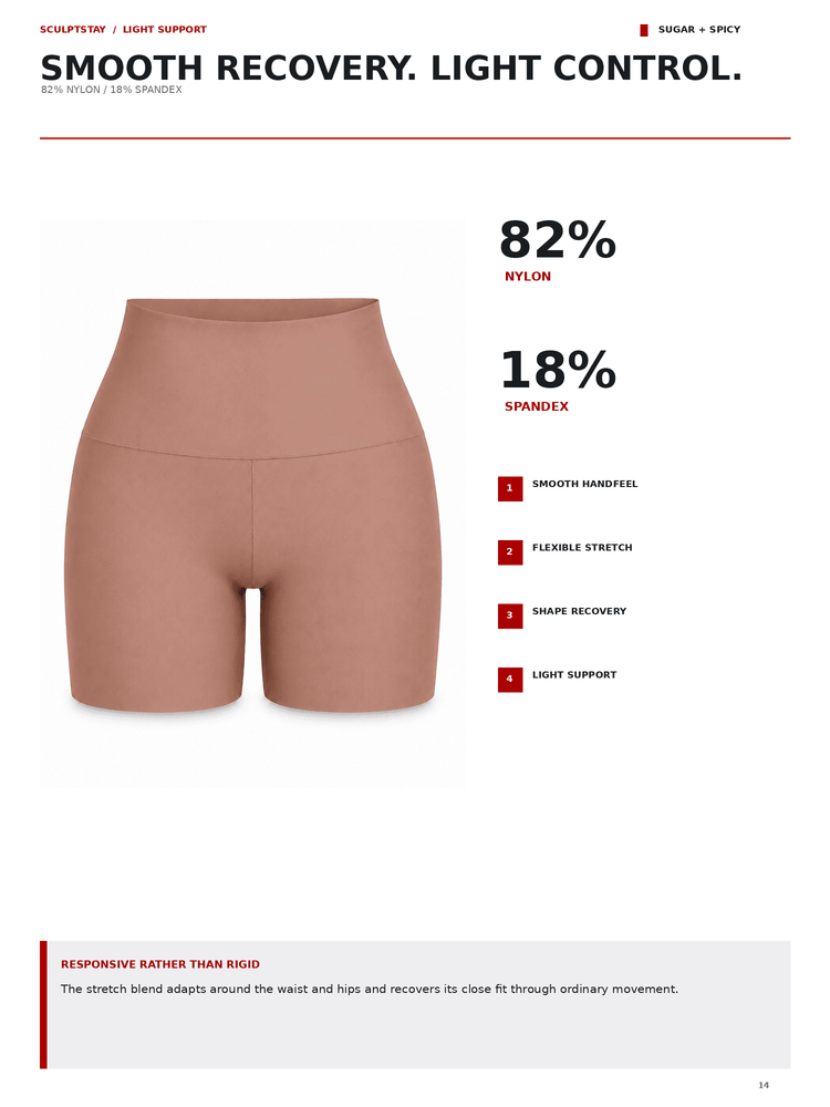 A product information graphic for a pair of high-waisted shapewear shorts. The shorts are a dusty rose or mauve color, shown against a white background with text detailing their 82% nylon and 18% spandex composition, along with feature callouts.