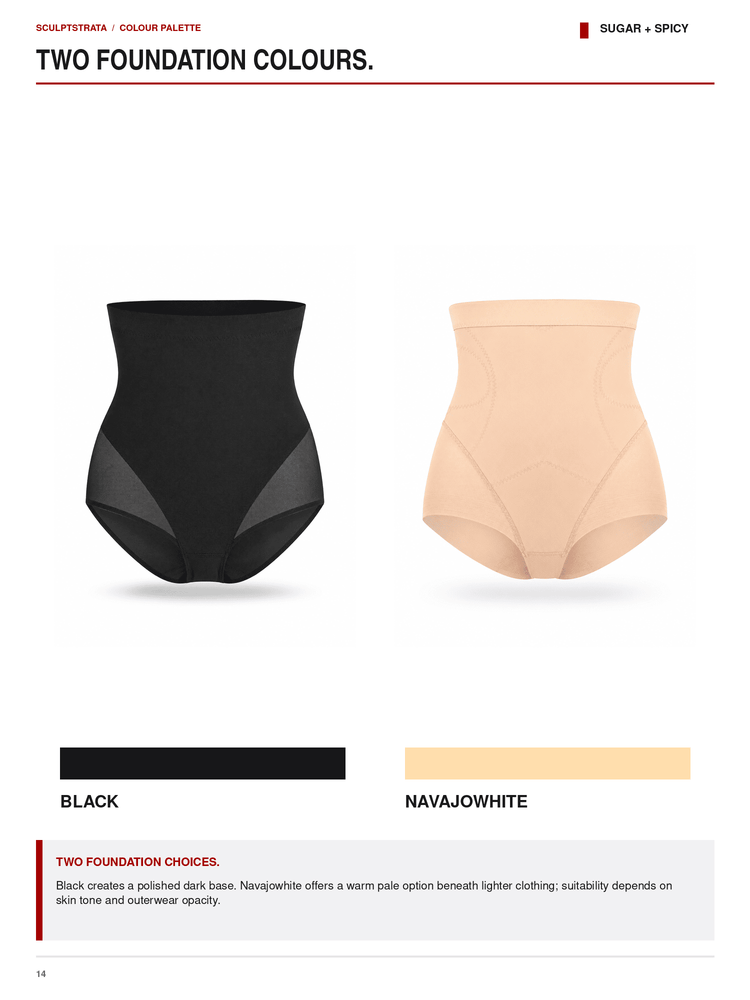 A product color information page showing two high-waisted briefs: one black and one warm pale beige labeled 'NAVAJOWHITE.' The page header reads 'TWO FOUNDATION COLOURS.