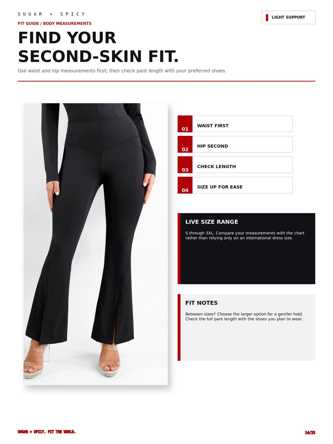 A fit guide page for Sugar + Spicy pants showing a model from the waist down wearing black flared pants with side slits, alongside measurement instructions, size range, and fit notes.