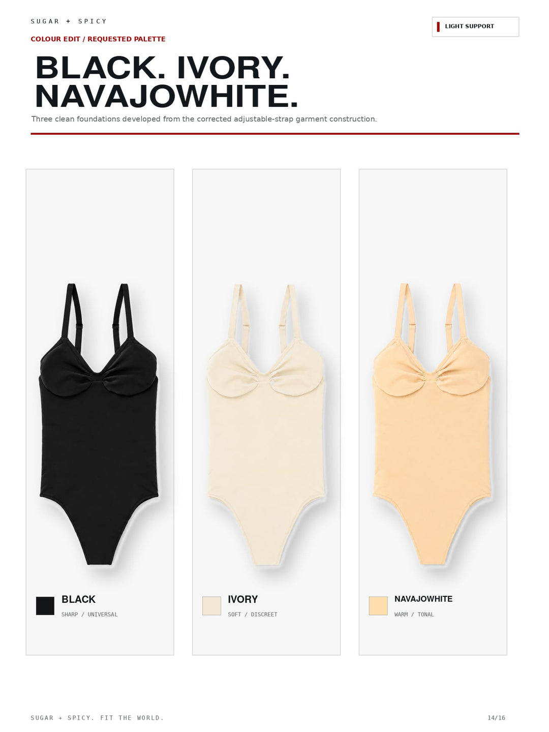 A color-options graphic for a one-piece swimsuit showing three variants side by side: black, ivory, and navajowhite. The image includes the text &