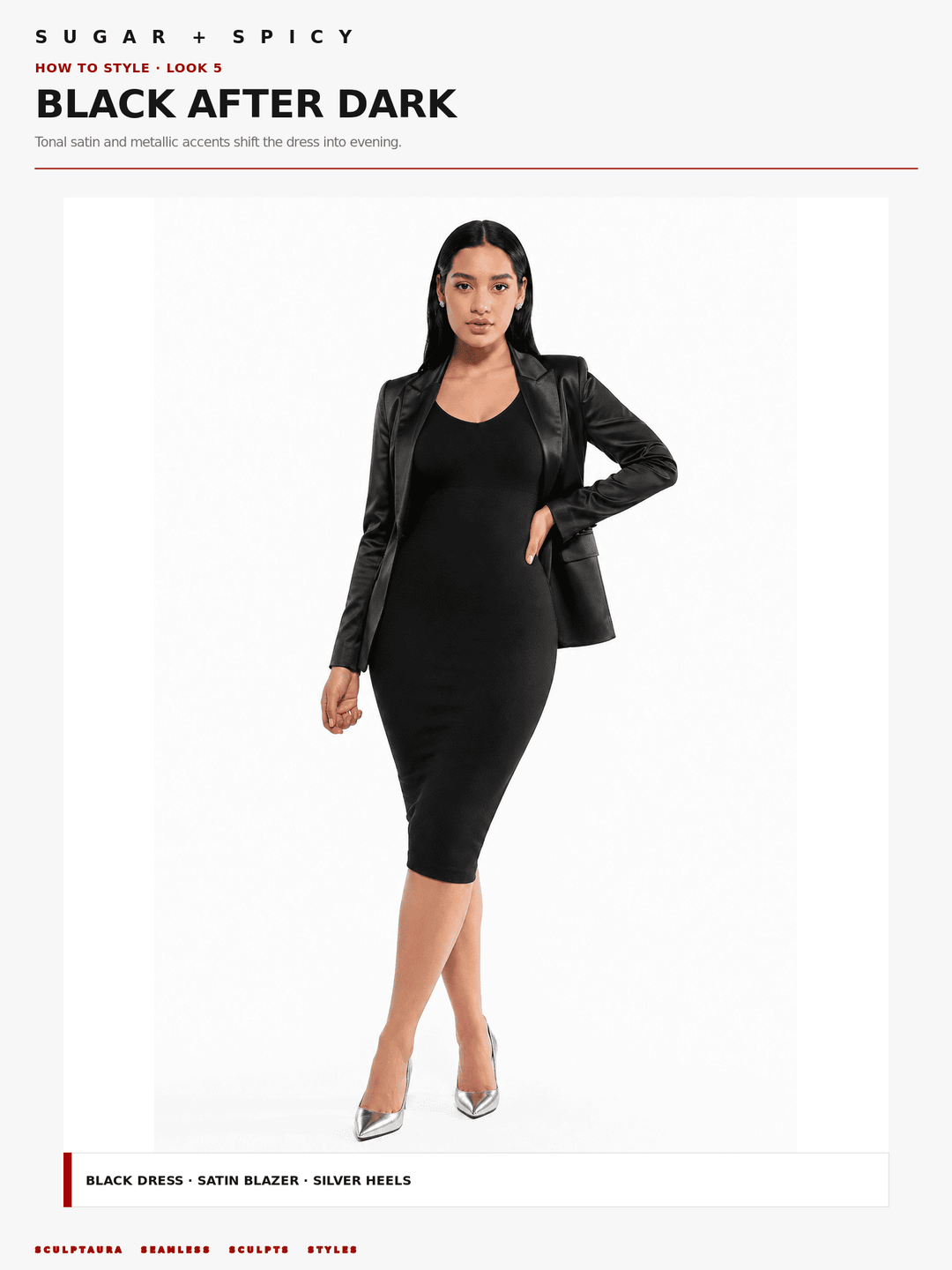A model wearing a black satin blazer and a black satin knee-length dress, styled with silver heels. The image is presented as a catalog page with text overlays reading &