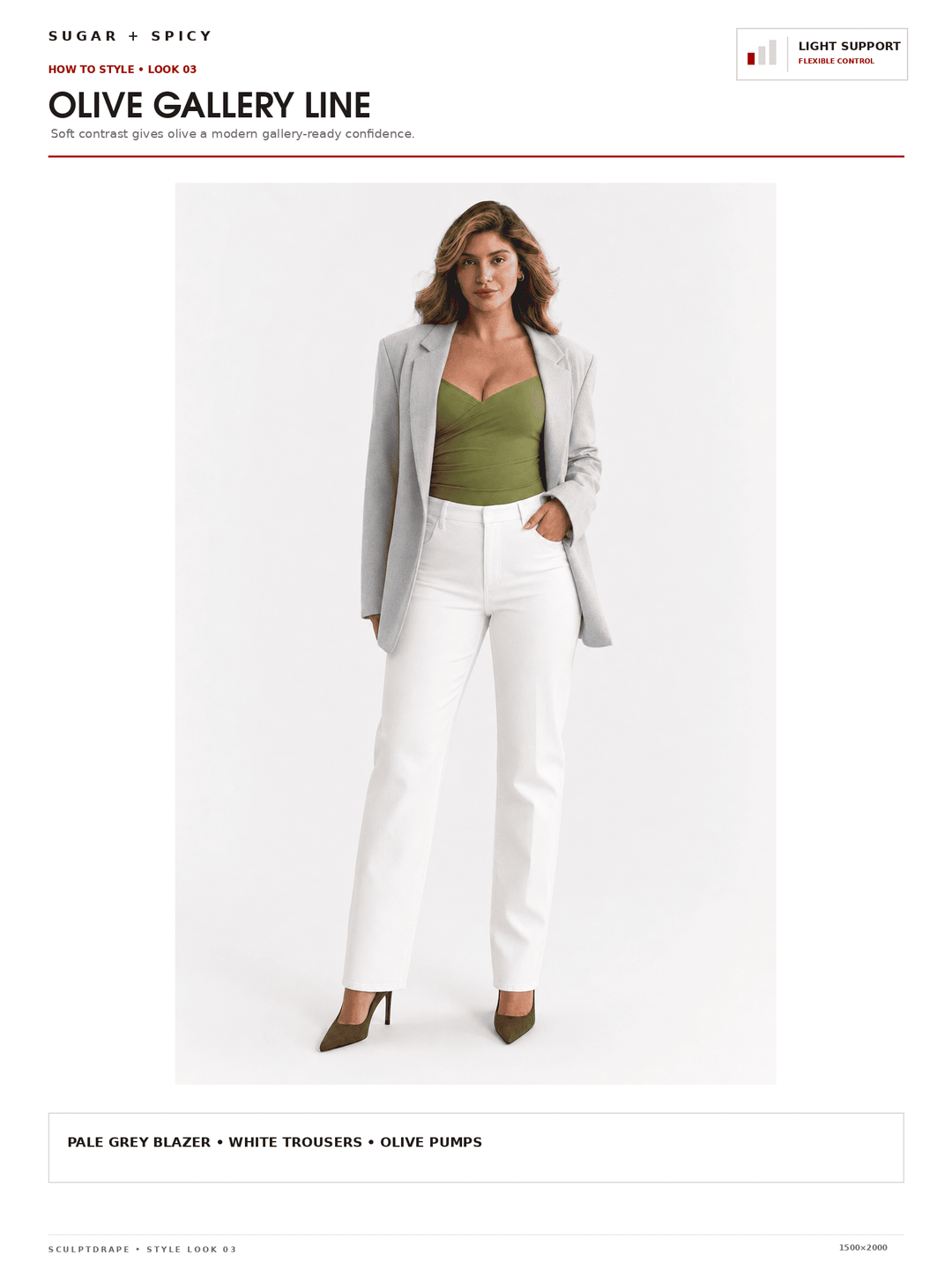 A fashion catalog page showing a model wearing a pale grey blazer, white trousers, and olive green pumps against a light background. The page header reads &