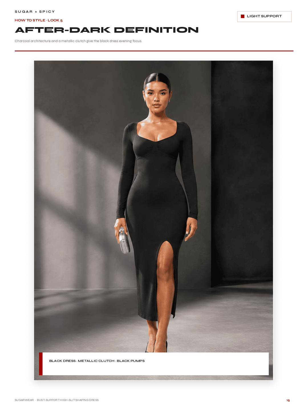 A model wearing a fitted black long-sleeve dress with a scoop neckline and a high thigh slit, standing in a dark studio setting. The page includes text reading &