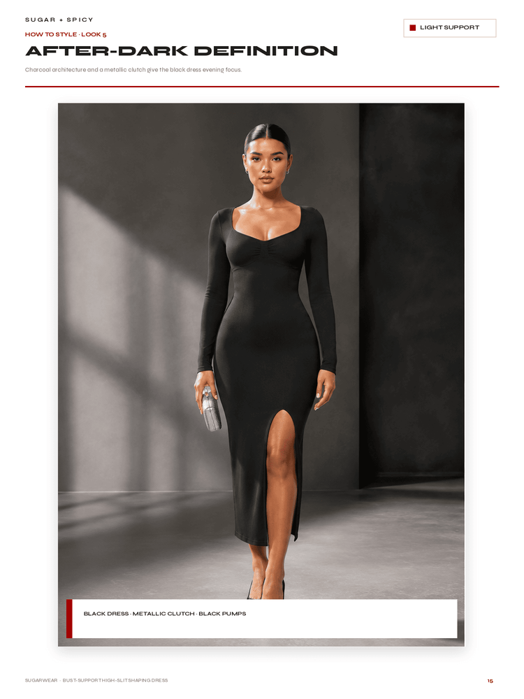 A model wearing a fitted black long-sleeve dress with a scoop neckline and a high thigh slit, standing in a dark studio setting. The page includes text reading 'AFTER-DARK DEFINITION' and 'LIGHT SUPPORT' along with product color notes at the bottom.