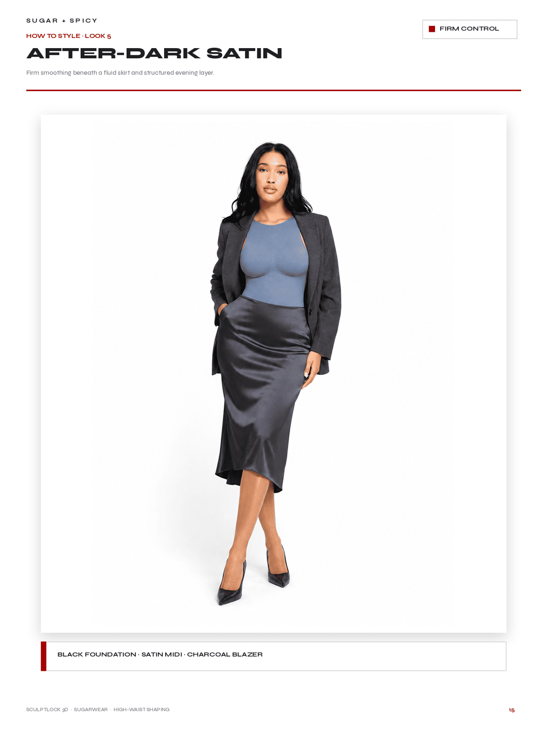A model is shown wearing a black satin blazer, a slate blue top, and a dark charcoal gray satin midi skirt against a plain white studio background. The image is presented as a catalog page with text overlays.