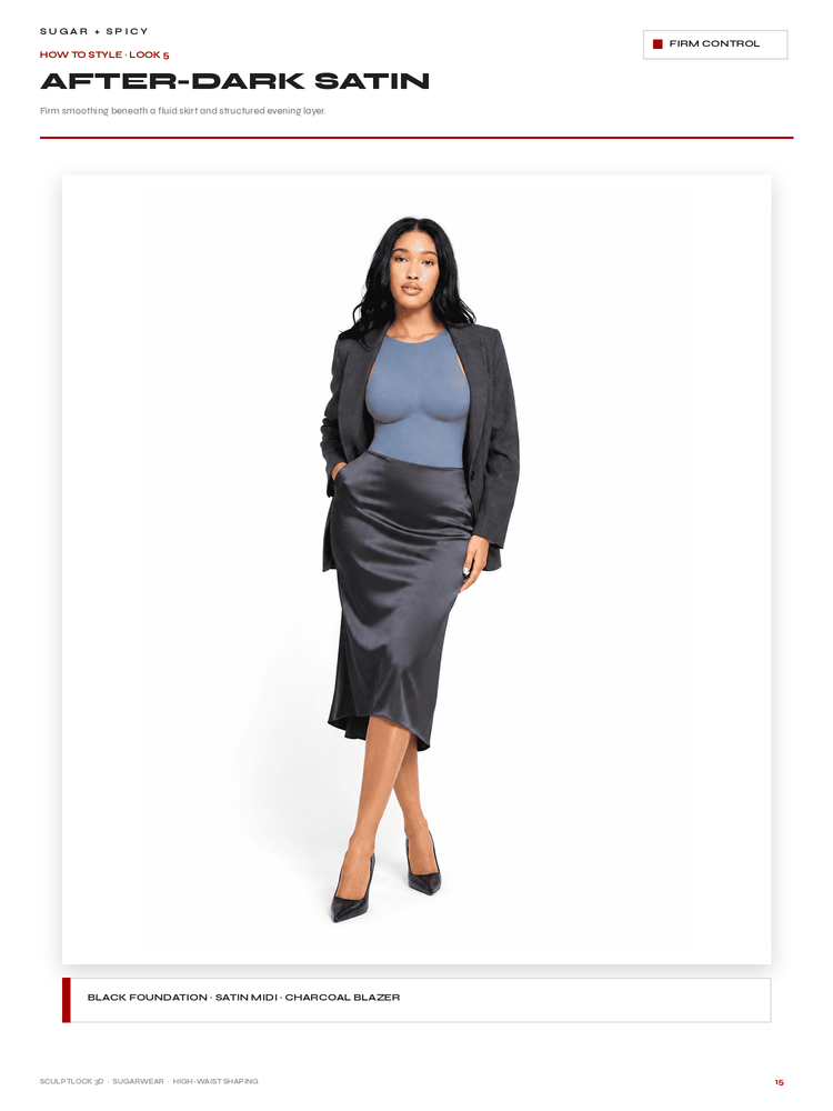 A model is shown wearing a black satin blazer, a slate blue top, and a dark charcoal gray satin midi skirt against a plain white studio background. The image is presented as a catalog page with text overlays.