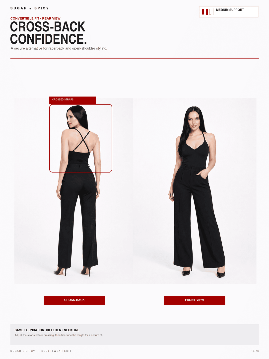 A catalog page showing a black wide-leg jumpsuit on a model from front and back views, with text reading &