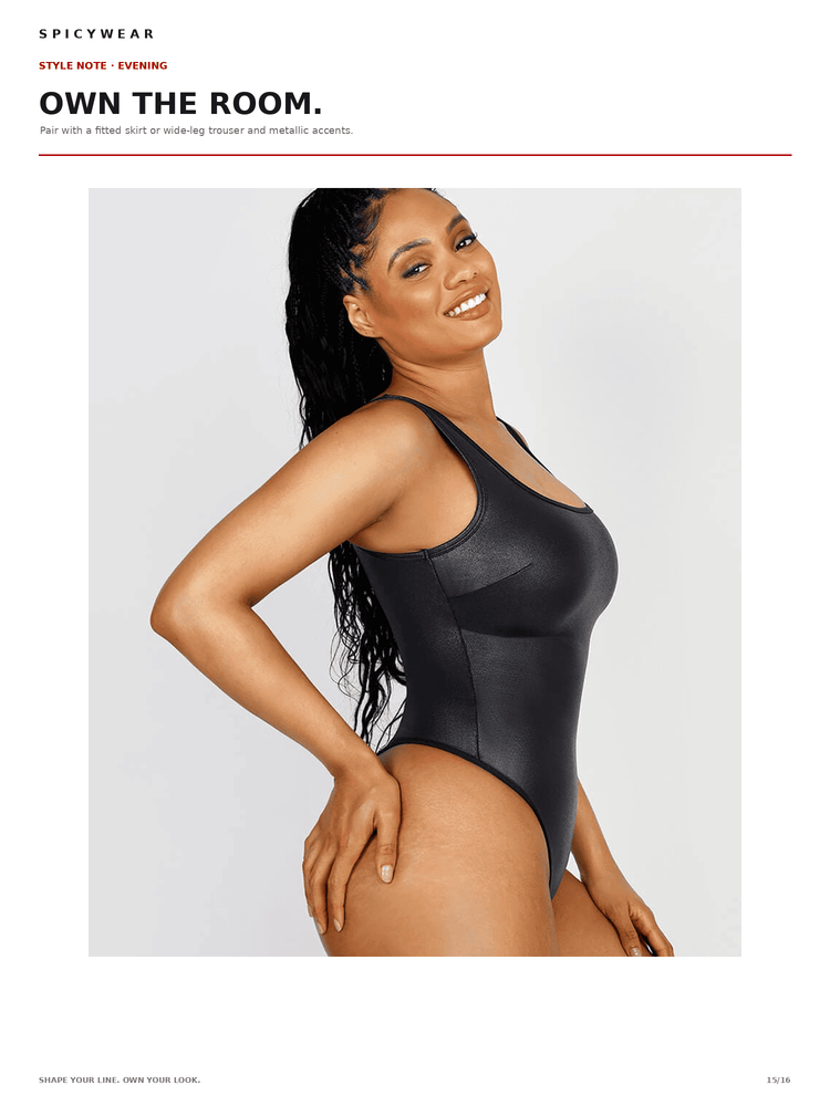 A woman modeling a black one-piece bodysuit against a light gray studio background, with printed editorial text above reading 'OWN THE ROOM.' and 'SPICYWEAR'.