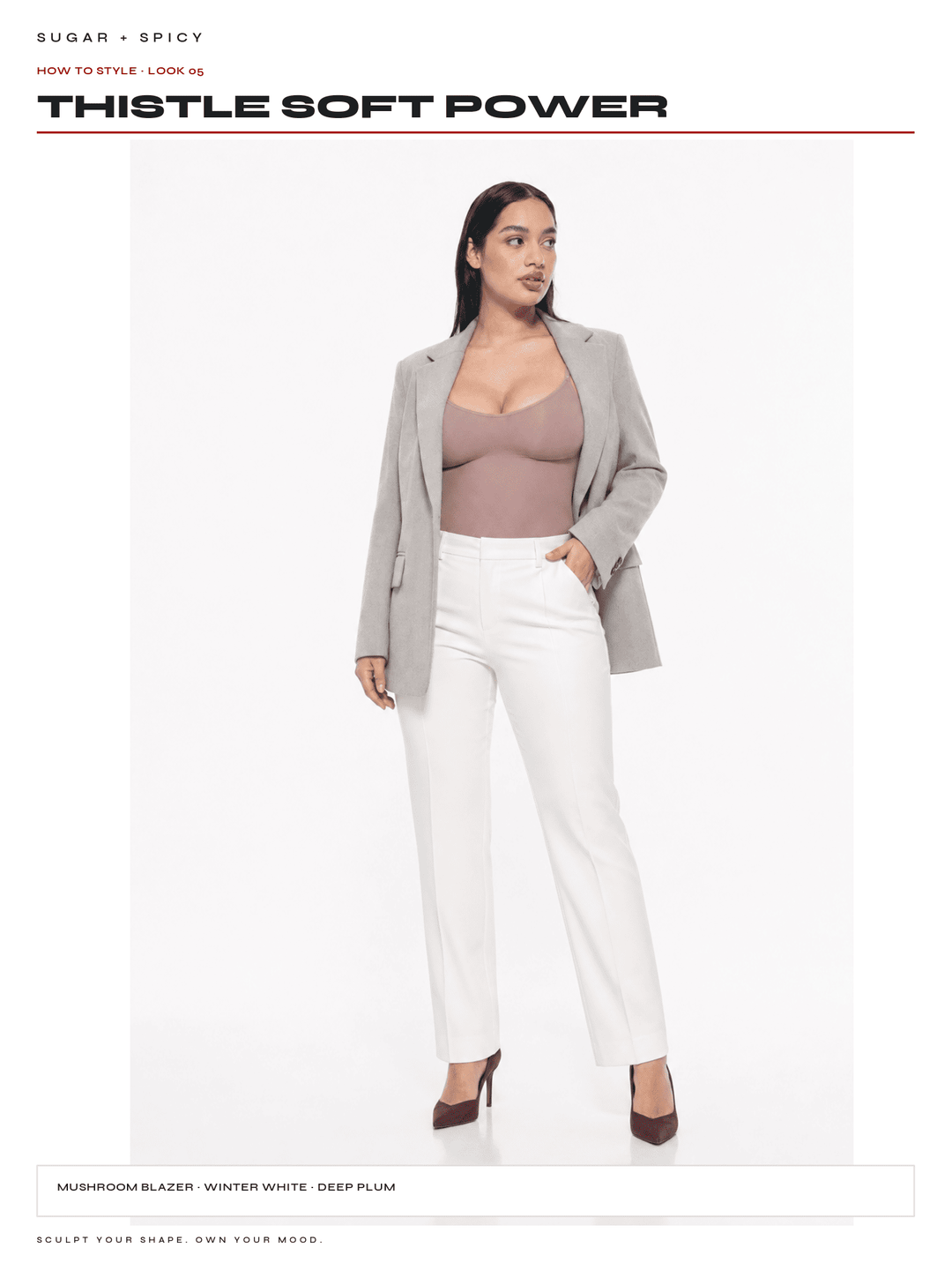 A model is shown wearing a light gray blazer, white wide-leg pants, and a mauve-brown camisole against a plain white background. The image includes text overlays reading &