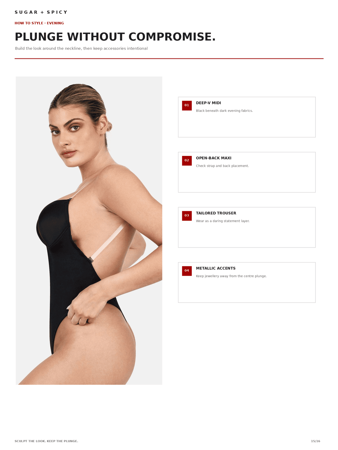 A fashion catalog page showing a model wearing a black plunging bodysuit with a light beige underwire neckline. The page includes marketing text on the left and four feature callouts on the right: deep V neckline, open-back mesh, sculpted torso, and metallic accents.