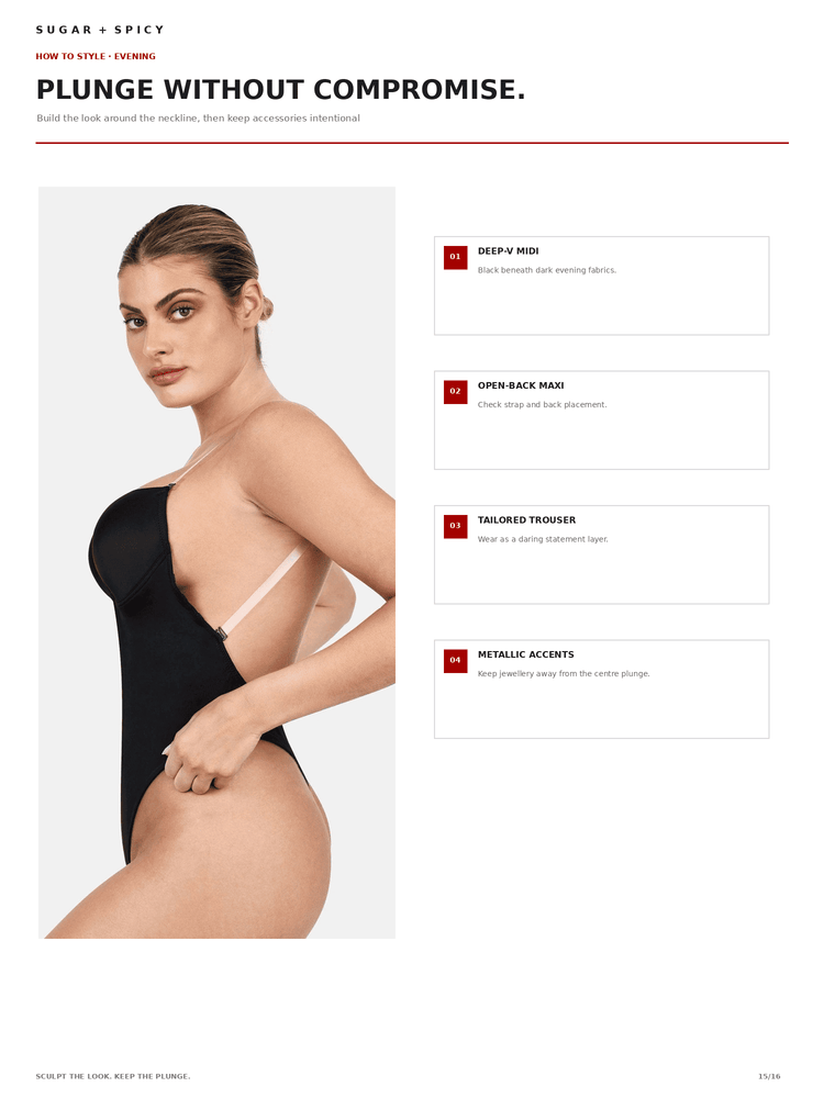 A fashion catalog page showing a model wearing a black plunging bodysuit with a light beige underwire neckline. The page includes marketing text on the left and four feature callouts on the right: deep V neckline, open-back mesh, sculpted torso, and metallic accents.