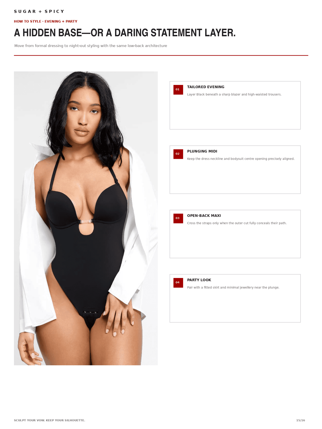 A fashion editorial page featuring a model wearing a black one-piece swimsuit with a keyhole cutout, styled with an open white shirt. The page includes text and callout boxes describing styling details like tailored eyes, plumping lips, open-back details, and party look.